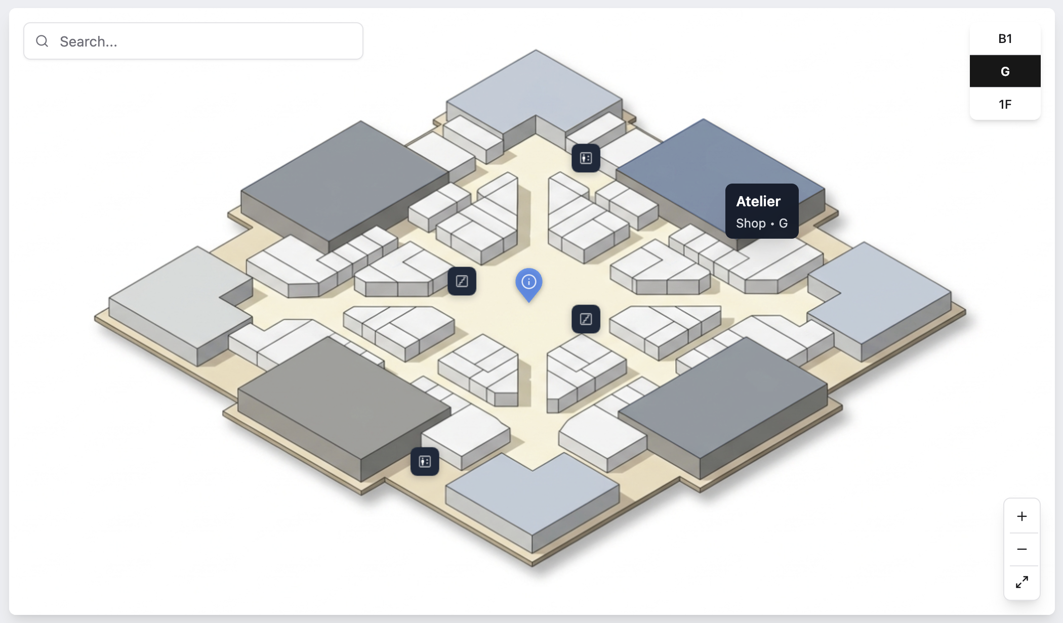 Layota embed showing a visitor-side interactive map of a mall with a highlighted shop tooltip