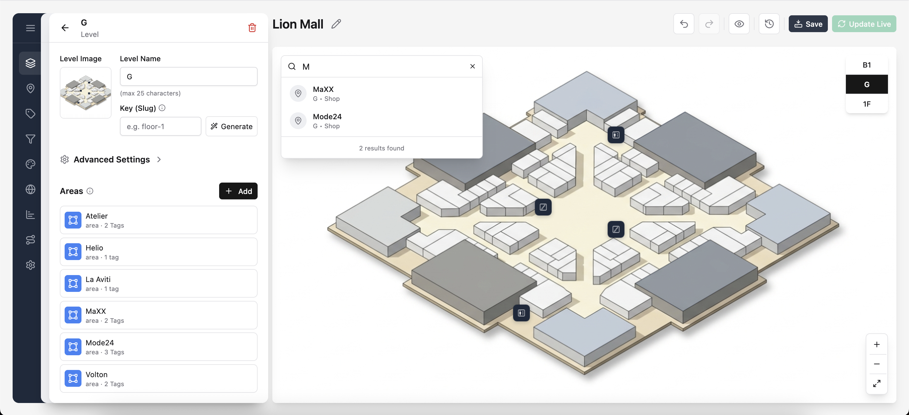 Layota editor showing an interactive isometric map of a shopping mall with floors, areas, and markers