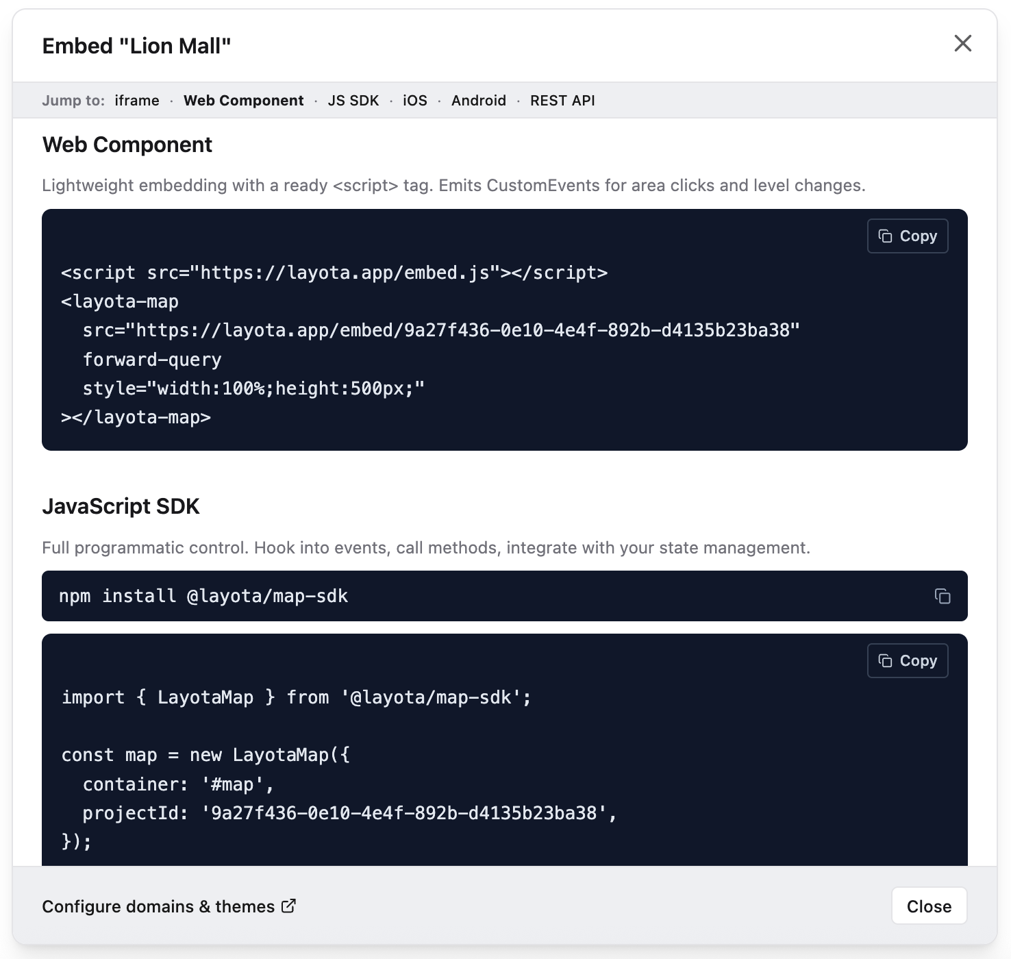 Embed modal with iframe, Web Component, JavaScript SDK, iOS, Android, and REST API tabs